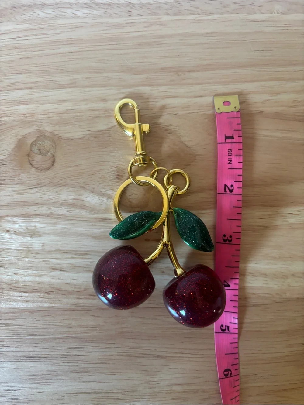 Sparkling Cherry Keychain with Gold Hardware and Green Leaves, Bag Charm